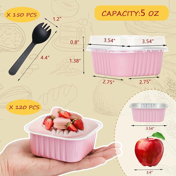 120pack 5oz Mini Cake Tins Cupcake Pan with Lids,LNYZQUS Aluminum Foil Baking Cups,Disposable Ramekins Small Brownie Muffin Pans Mini Cheesecake Containers for Home Bakery-Pink