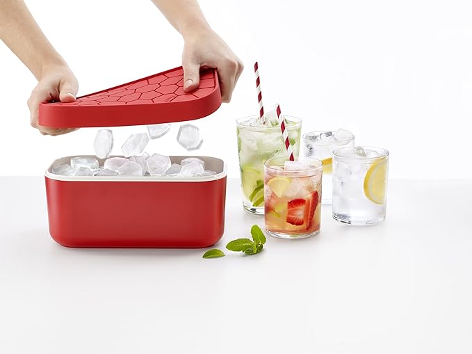 Lékué Ice Box | Red | Ice Cube Tray For Freezer With Lid & Bin | Made With 100 Percent Platinum Silicone | Elegant And Retro Style Ice Cubes | For Cocktails, Ice Tea & Coffee And More |