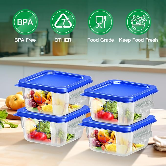4 pcs 2qt Food Storage Containers with Lid, Square Clear Commercial Food Storage Containers with Handle and Scale for Food Storage in Home Kitchen & Dining (Blue)