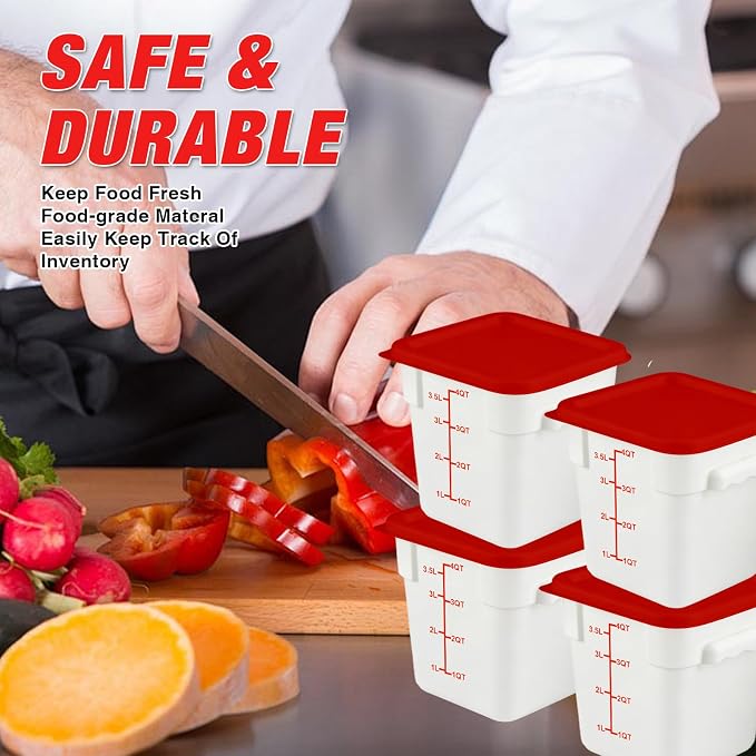 Square Food Containers with Lids 4-Pack, Commercial Grade Plastic Bins for Restaurant Kitchen Pantry Storage, Freezer & Dishwasher Safe (Red, 4QT-4PACK)