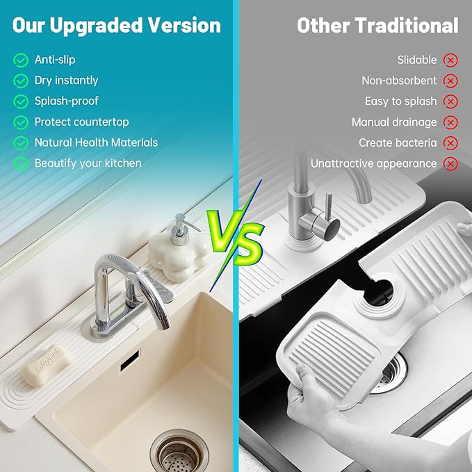 Stone Faucet Mat for Kitchen Sink with Oval Hole – 23.6" × 3.9" Diatomite Drying Stone Mat & Sink Protector, Quick-Dry Splash Guard Water-Absorbing Tray for Bathroom Counter（White.23.6 x 3.9）