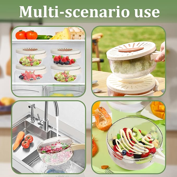 Multifunctional Fruit Washing Bowl with Strainer, 2 in 1 Drain Basket and Fruit Strainer Container with Lid, Fruit Washer Bowl for Kitchen, Fridge, Picnic & Camping, 1QT (1000ML)