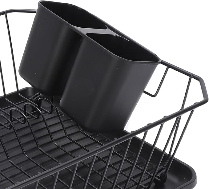 Asixxsix Dish Drying Rack, Stainless Steel Dish Drainer with Utensil Holder and Drainboard, Sink Organization and, 14" x 12" x 5" for Home and Apartment Decor (Black)
