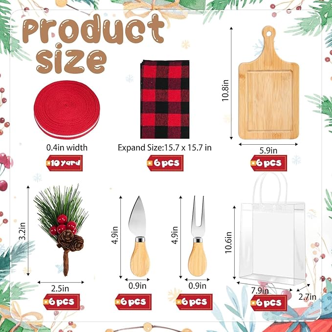 6 Set Christmas Cutting Board Gift Bulk Wooden Cheese Charcuterie Board Gift Set with Knives Forks Red Berry Towels Gift Bags Kitchen Housewarming Gifts for Neighbor Guest Xmas Holiday Party Decor