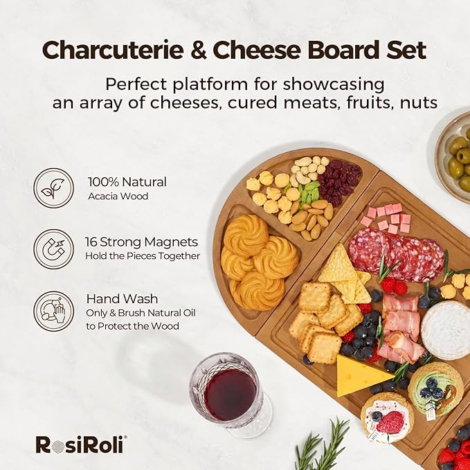 Acacia Wood Charcuterie Board Set - Cheese Board Set with Magnetic - House Warming Gifts New Home, Wedding Gift for Couple, Bridal Shower Gift, Gifts for Mom & Women, Perfect for Party