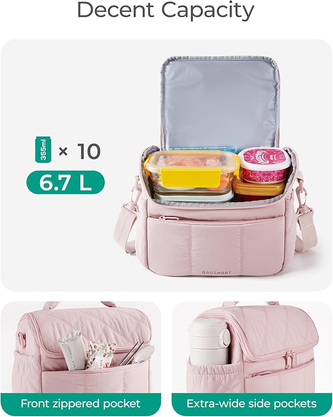 BAGSMART Insulated Lunch Bags for Women, Cute Quilted Lunch Box, Lightweight Puffy Padded Waterproof Lunch Tote, Reusable Lunch Cooler for Work Picnic Travel, Blackberry