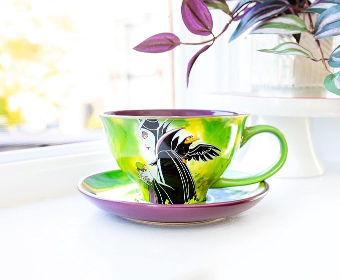 Silver Buffalo Disney Sleeping Beauty Maleficent Ceramic Teacup and Saucer Featuring Maleficent, Diablo, and Maleficent in Dragon Form, 12 Ounces