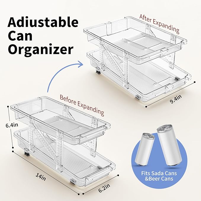 Jsyrjing Drink Organizer for Fridge Soda Holder for Refrigerator Can Dispenser,Adjustable Width Can Holders for Fridge Suitable for Storage Cabinet and Pantry Clear (2 Pack)
