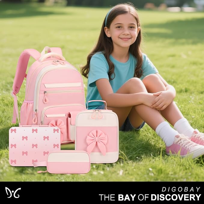 DIGOBAY Girls Backpack - Kids Bento Box Set with Insulated Lunch Bag, Cutlery and Pencil Case, 6 Leak-Proof Compartments, Removable Tray for Girls, Teens School Picnic (Pink)