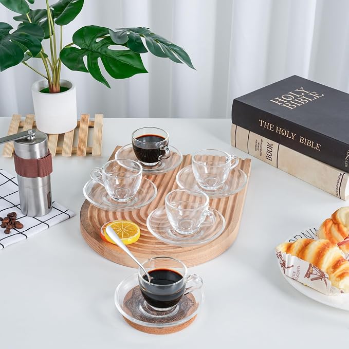 Glass Espresso Shot Cups with Saucers Set of 6, Clear Small Demitasse Cup with Stainless Steel Spoons, Dishwasher & Microwave Safe Tiny Coffee Mugs Only for Espresso, 2.5OZ/75M