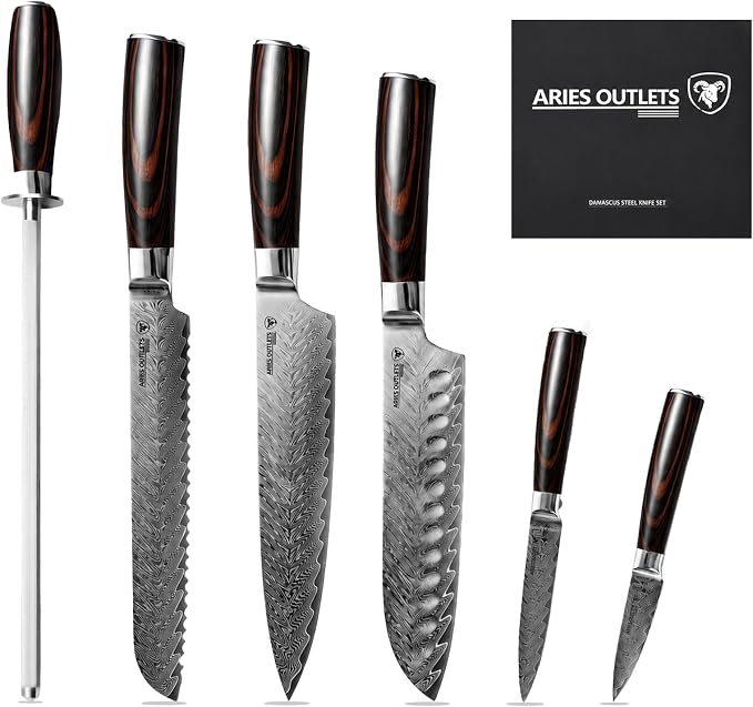 6 Piece Japanese Damascus Knife Set, Professional Chef Knife Set with VG10 Steel Core, Ultra Sharp 67-Layer Kitchen Knives, Pakkawood Handle Gift Box