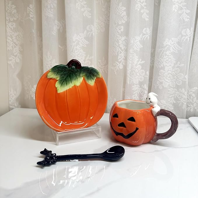 Ceramic Tea Cup and Saucer Set ，6oz 3D Hand-painted Pumpkin and White Ghost Coffee Mug ，Halloween Home Decoration，Gift