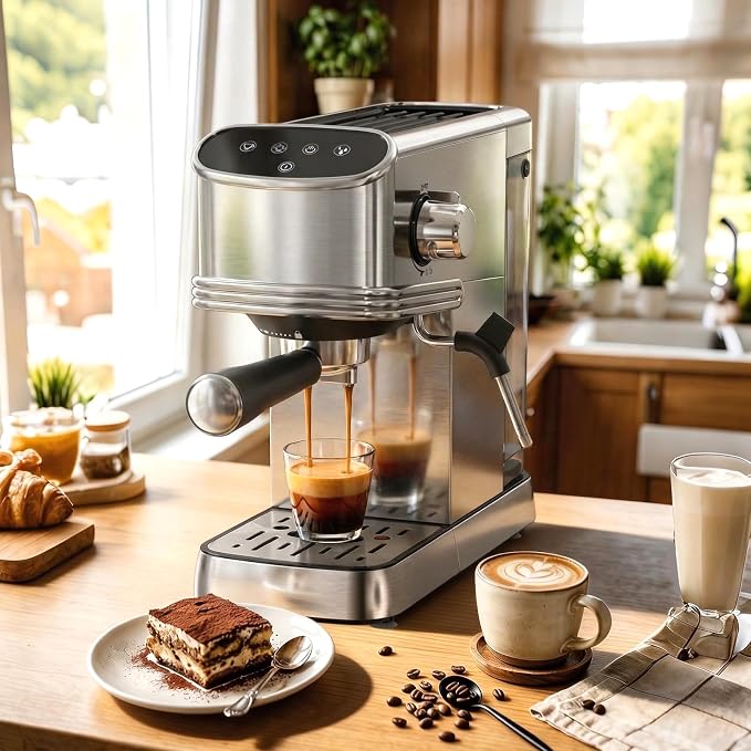 Kndko 20 Bar Espresso Machine, Espresso Maker with Milk Frother Steam Wand, Removable 45oz Water Tank, Compact Latte & Cappuccino Maker for Home & Office, Stainless Steel Color