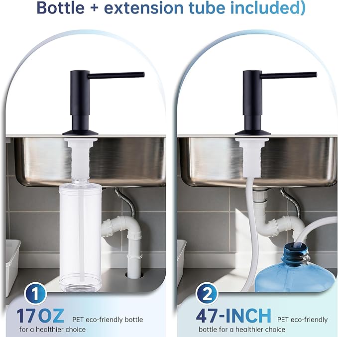Avola Kitchen Sink Soap Dispenser, Lead-Free Brass Pump with 47" Food-Grade Silicone Extension Tube & 17oz PET Bottle,in or Under Sink Installation, Matte Black Anti-Reflux Built in Soap Dispensers