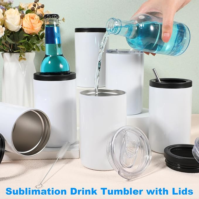 Uiifan 12 Set White Sublimation Can Cooler 12 oz Can Cooler Bulk Customizable Stainless Steel Double Wall Insulated Blank Tumblers with Lids and Straws and Lid Brush for Beer Beverages Party Gifts