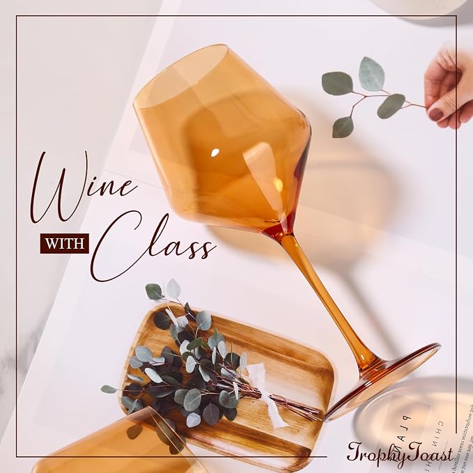 Amber Wine Glasses Set of 6-17.5oz Long Stem Crystal Wine Glasses, Handcrafted Blown Colorful Stemware, Elegant Drinkware Gift for Wedding Housewarming Wine Enthusiasts