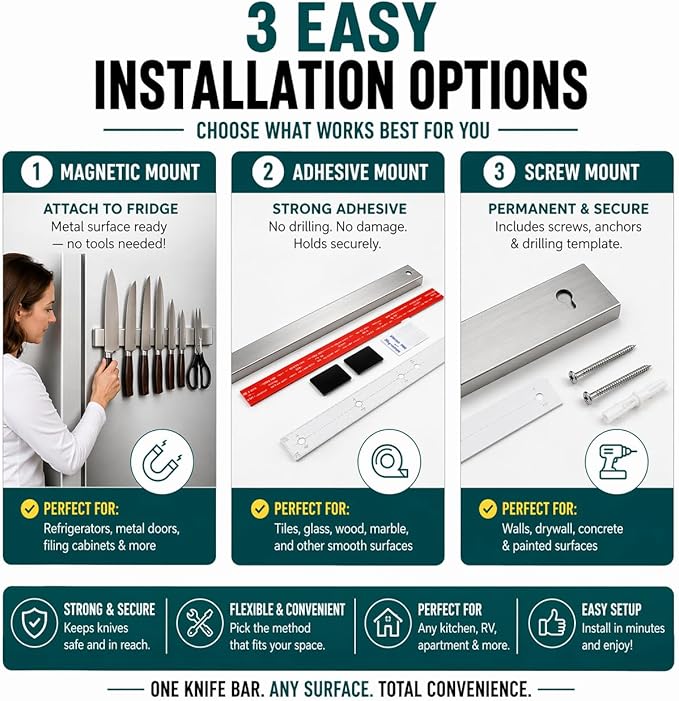 Magnetic Knife Holder 16 Inch Silver – Classic Stainless Steel Strip, Rack & Bar for Wall or Fridge, No Drill Adhesive Kitchen Organizer, Premium Gift by Pampavanna