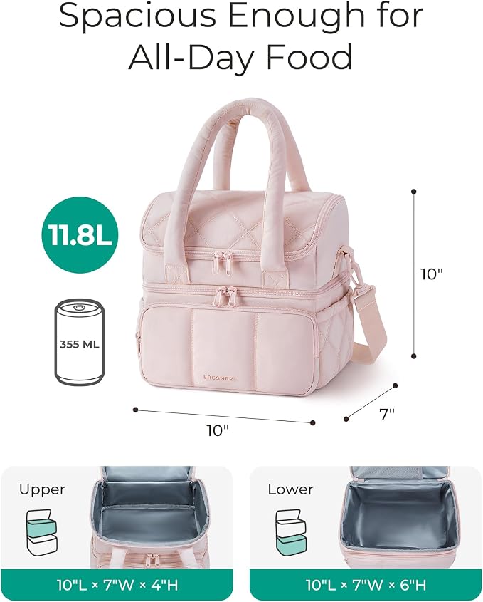 BAGSMART Lunch Bag Women, Double Deck Insulated Lunch Box, Quilted Puffer Lunch Tote, Leakproof, Durable & Reusable Large Lunch Cooler For Work Picnic Travel Meal Prep, Brown Checkerboard