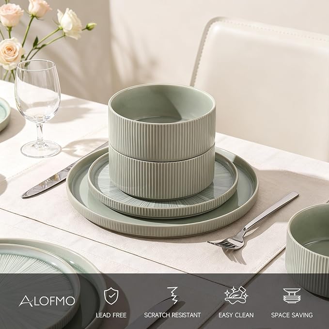 Dinnerware Sets, Ceramic Plates and Bowls Set 12 Piece Dinnerware for 4 Chip Resistant Stoneware with Advanced Inkjet Printing Technology, Dishwasher and Microwave Safe-Sage Green