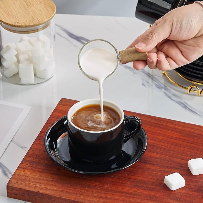YOLIFE Espresso Cups with Saucers Set and Gold Metal Stand, 4oz Coffee Espresso Cups Set of 6, Ceramic Expresso Shots Cup with Stand & Saucers, Black