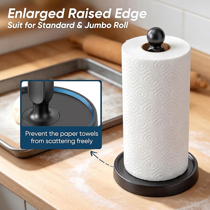 theaoo Paper Towel Holder Countertop, One-Handed Tear Paper Towel Stand Dispenser with Damping Function for Kitchen Bathroom, Stainless Steel Paper Towel Holder with Weighted Non-Slip Base (1, Black)