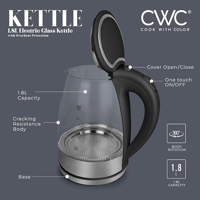 COOK WITH COLOR Electric Tea Kettle, 1.8L Cordless Hot Water Boiler, 1200W Rapid Boil, Auto Shutoff & Boil Dry Protection, BPA-Free, Sleek Countertop Design, Black