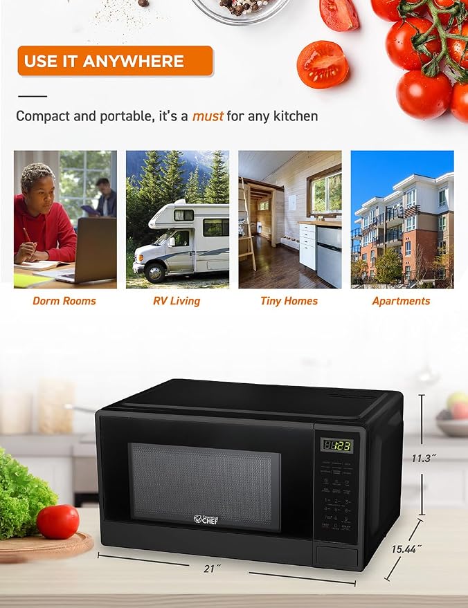 COMMERCIAL CHEF 1.1 Cu Ft Microwave with 10 Power Levels, Small Microwave with Push Button, 1100W with Kitchen Timer, Door Lock, & Digital Controls, Black