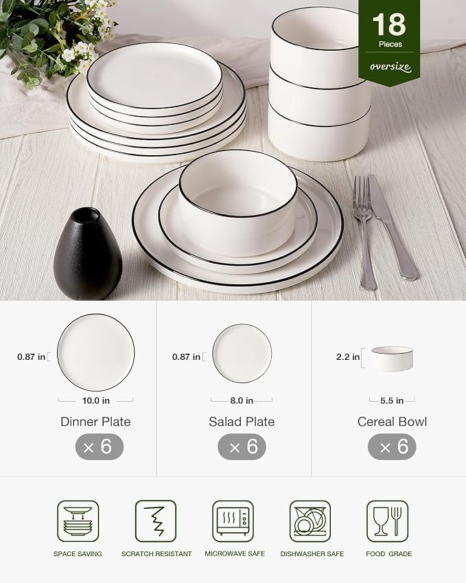 Famiware Porcelain Dinnerware Set, 18-Piece Modern Plate and Bowl Set, dish set for 6, Microwave and Dishwasher Safe Tableware, White with Black Trim
