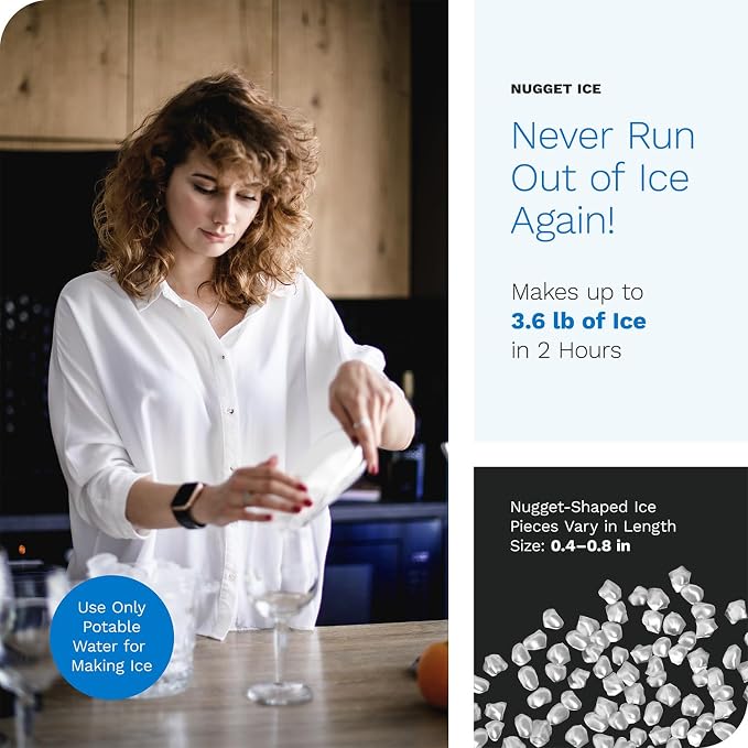 hOmeLabs Countertop Nugget Ice Maker - Stainless Steel with Touch Screen - Portable and Compact - Chewable Nugget Ice Machine - Produces Up to 44lb of Ice Per Day
