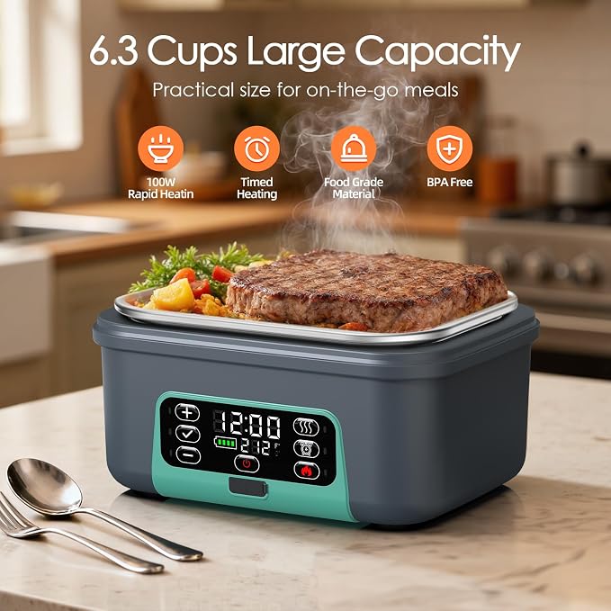 Cordless Electric Lunch Box, Odopok 6.3 Cup 100W Heated Lunch Box with 20000mAH Battery Powered for Self Heating, Including Fork Spoon and Insulated Bag for Men Women Adults, BPA Free(Grey+Lake Green)