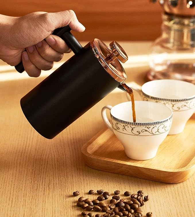Miuly 12oz French Press for One Person, Small Coffee Press 350ml with 2 Filter Mesh, Double Wall Insulated French Press for Travel, Black