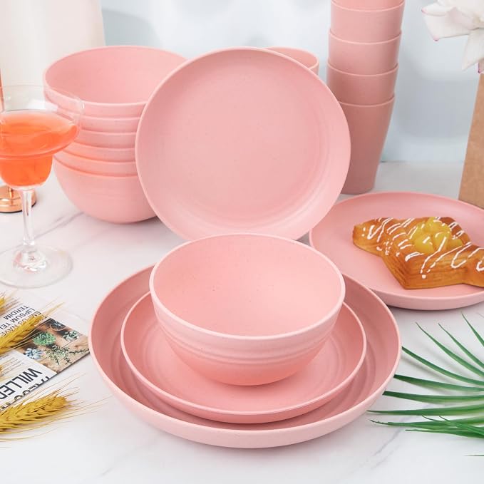 Supernal 32Pcs Pink Plates and Bowls Sets for 8, Unbreakable Dinnerware | Lightweight reusable wheat straw pink dishes set. Shatterproof pastel camp plates & bowls for college dorm, RV, or picnics.