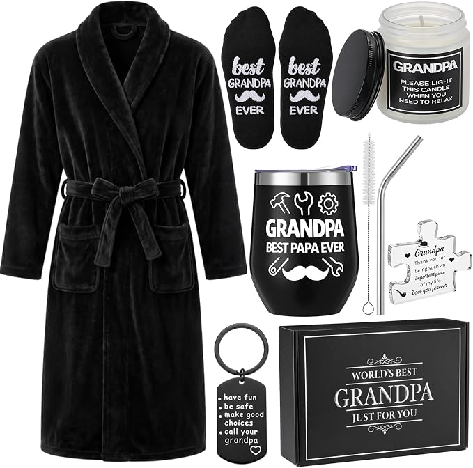 Sieral 6 Pcs Grandpa Gifts for Fathers Day, Best Grandpa Ever Gifts Set from Grandson Granddaughter - Bathrobe, 12oz Tumbler, Socks, Acrylic Plaque, Keychain, Candle and Gift Box for Father's Day