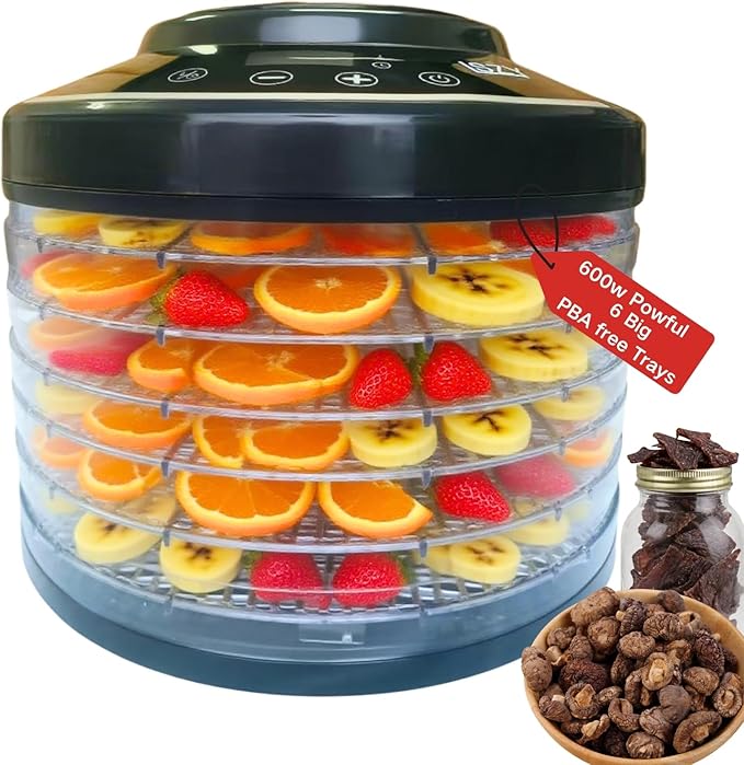 Mushroom Dehydrator,6 Trays Food Dehydrator Machine with 24H Timer, 600W 158°F Food Dryer Dehydrator for Jerky, Herbs, Meat, Fruit,Dog Treats (Black)
