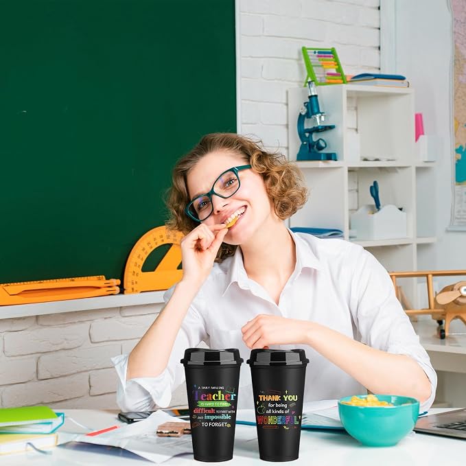 Skylety 12 Pcs Back to School Teachers Gifts Teacher Appreciation Gifts Teacher Deals Bulk Reusable Plastic Coffee Cup with Lid for First Day of School Party Decorations (Modern)