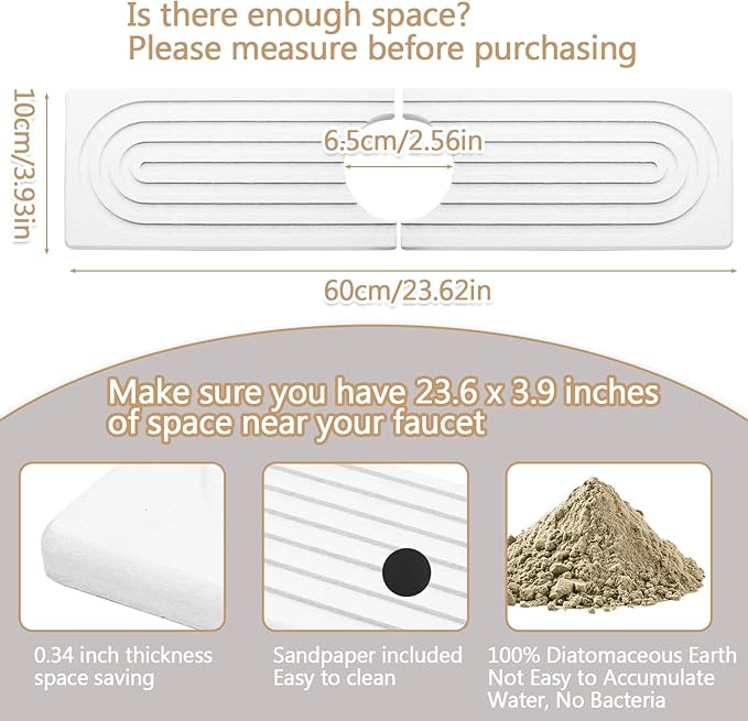 Jiozermi 23.6 Inch Diatomite Faucet Mat for Kitchen Sink, Diatomite Stone Sink Tray Faucet Sink Splash Guard Sink Faucet Absorbent Mat for Kitchen Bathroom Fucet Sink(23.6" x 3.9",White)