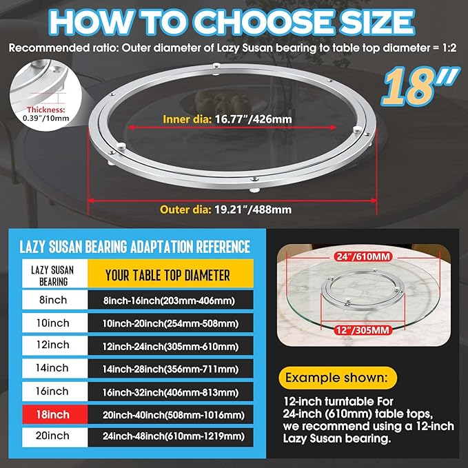 Lazy Susan Hardware,18 inch Heavy Duty Lazy Susan Bearing Kit,Rotating Serving Turntable for Aluminium Alloy Turntable Bearing,Swivel Base Hardware for Dining Table,DIY,Display Stand,Workbench