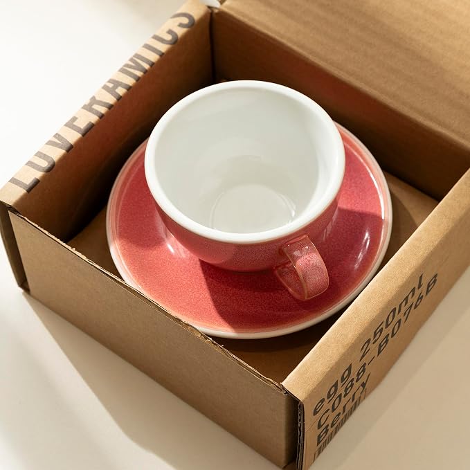Loveramics Coffee Cup Ceramic, 8 oz Latte Art Cup with Saucer for Cappuccino, Tea, Espresso, Thick - walled stoneware Cappuccino mug Set for Cafe and Barista - Potters Colours (Berry, 8OZ)