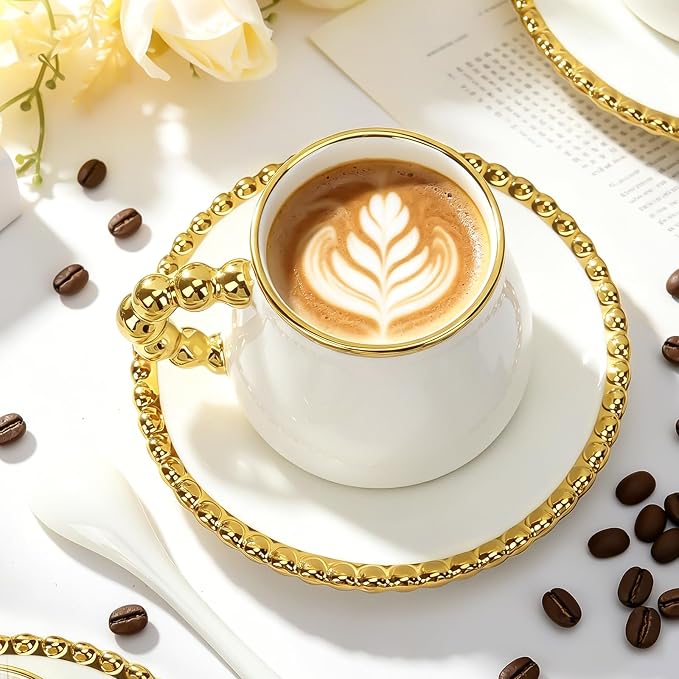 Coffee Cup Set of 6 with Saucers, 8 OZ Ceramic Espresso Cups, Cappuccino Coffee Cup Gift for Double Shot, Latte, Cafe Mocha, Dishwasher & Microwave Safe, Elegant Deco