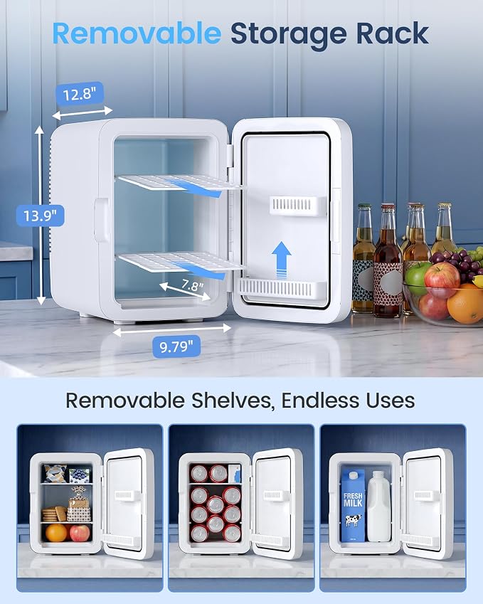 Electactic 10L Mini Fridge, Portable Compact Refrigerator, 2.6 Gal Skincare Cooler with AC/DC Adapter, Quiet Small Personal Fridge for Beverage, Food, Makeup, Bedroom, Office, White