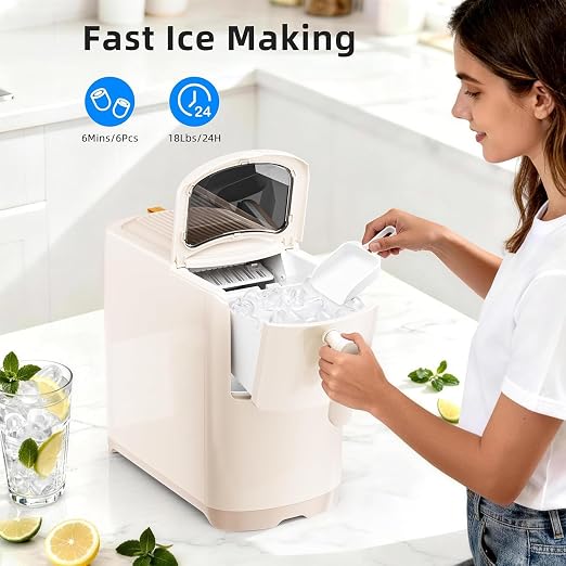 Electactic Countertop Ice Maker Machine 18lbs/24H, 6-Min Fast Bullet Portable Ice Maker, 6.69” Slim Space-Saving with Auto-Drain Drawer, Self-Cleaning, Scoop for Kitchen RV, Cream White