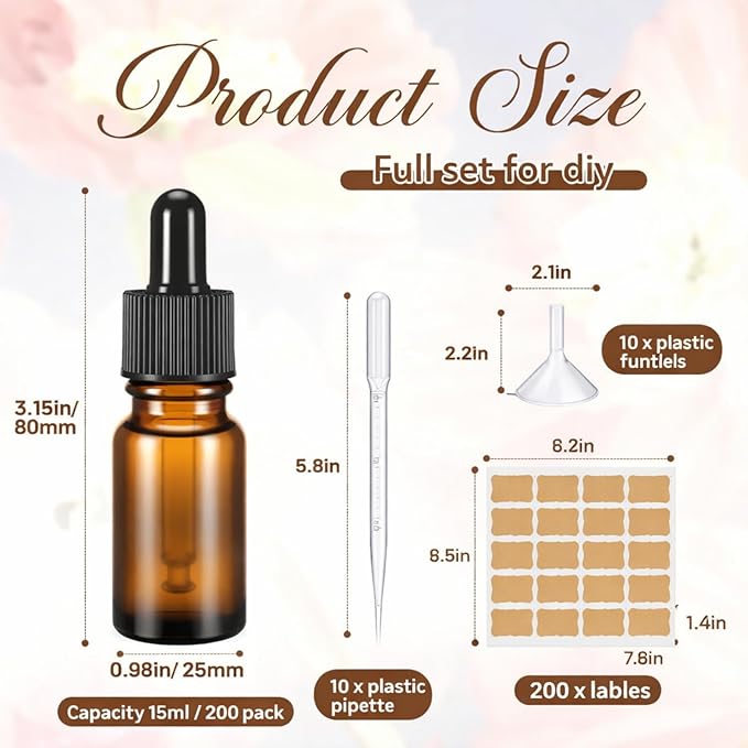 Lallisa 200 Pack Essential Oil Dropper Bottle 10 ml (1/3 Oz) Glass Dropper Bottles DIY for DIY Essential Oil Perfume with Funnels Pipettes Labels for Bathrooms, Hotels, Labs (Amber)