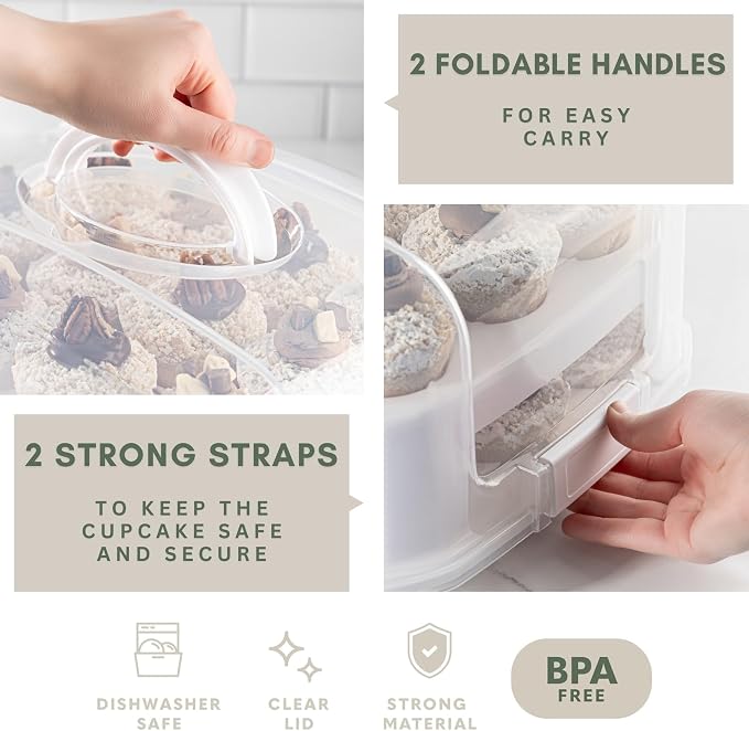 EXTRA TALL DOME Cupcake Carrier, White Cupcake Holder Carries 24 Cupcake Storage Container, Muffin Traveler Two Tier Stand Reusable Cupcake Box