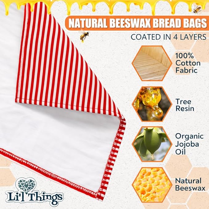 Sourdough Bread Bag – Reusable Beeswax Bread Storage Bags 2.0 (2 Sizes) for Homemade & Artisan Loaves, Cotton-Lined Bread Keeper, Plastic-Free Kitchen Storage – Stripey Red