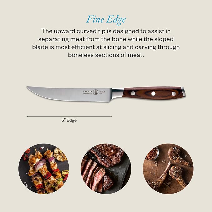 Messermeister Avanta Forged 5” Fine Edge Steak Knife Set - Pack of 2 - German X50 Stainless Steel - Rust Resistant & Easy to Maintain - 8 Steak Knives Total