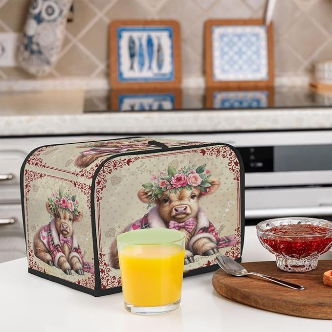 Valentine Day Highland Cow Toaster Cover 4 Slice Dust and Fingerprint Protection Toaster Bread Maker Covers Washable Kitchen Small Appliance Covers for Kitchen Accessories Decor Bakeware Women Gift