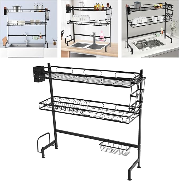 2-Tier Over Sink Dish Drying Rack, Multifunctional Kitchen Rack Extra Large Extendable Dish Rack Carbon Steel Over Sink Dish Rack with 8 Hooks for Kitchen Counter (32in)