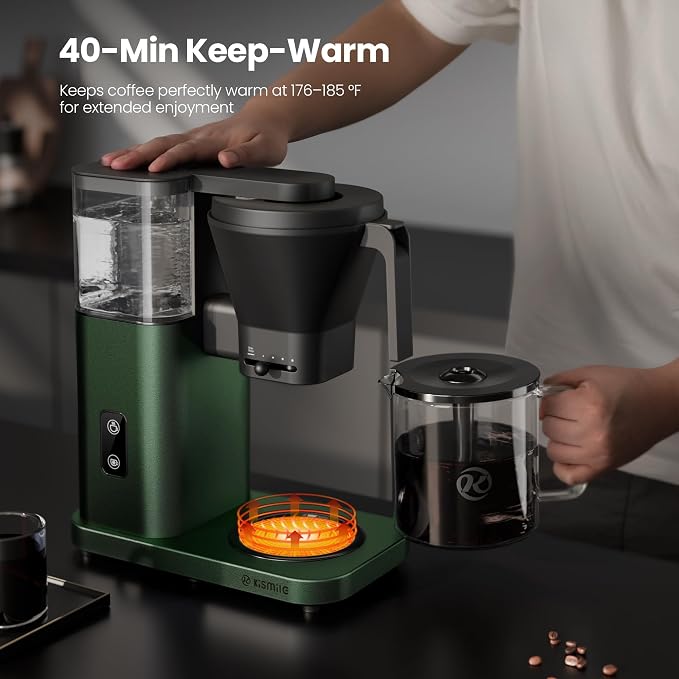 Kismile SCA-Certified 8 Cup Drip Coffee Maker, Pour Over Coffee Machine with 3s Instant Heat 197–205℉, Adjustable Flow Control, Removable Water Tank, Deep Cold Brew & 40 Min Keep Warm (Olive Green)