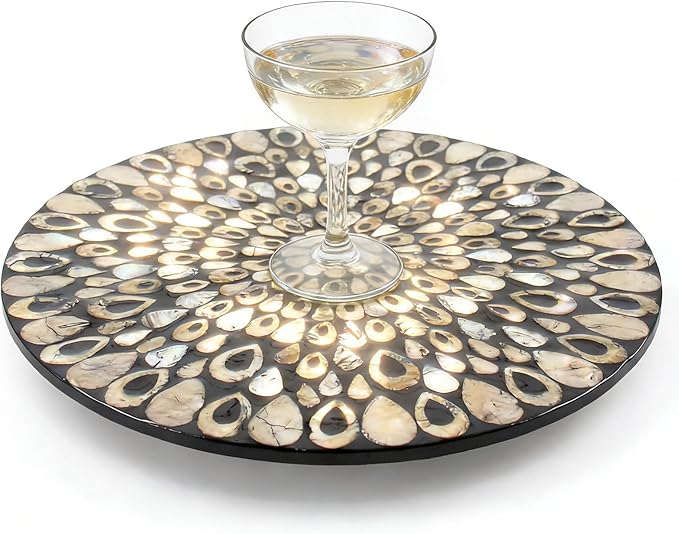 13.4" Mother of Pearl Lazy Susan, 360 Degrees Rotating Table Turntable Organizer Round Wood Spinning Tray for Countertop Table Cabinet Living Room Kitchen Office Home Decor (Black Leopard Print)