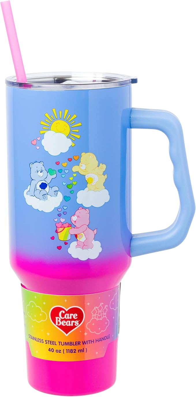 Silver Buffalo Care Bears Featuring Grumpy Bear, Funshine, and Love-A-Lot Bear Heart Showers Ombre Double Walled Stainless Steel Tumbler with Handle and Straw, Fits in Standard Cup Holder, 40 Ounces